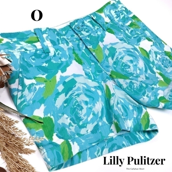 Lilly Pulitzer The Callahan Blue Lime White Floral Cotton Shorts Size 0 - Picture 1 of 16